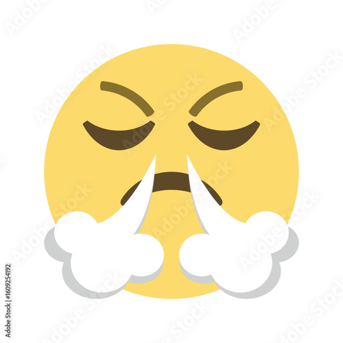 An emoji with a yellow face and closed eyes exhaling white smoke from its nose indicating frustration