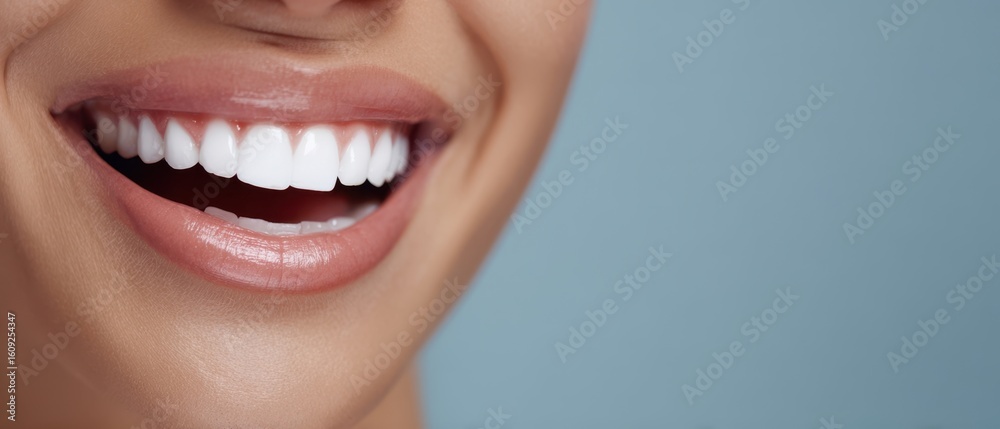 Fototapeta premium The radiant smile of a joyful woman showcasing her bright teeth and beauty.