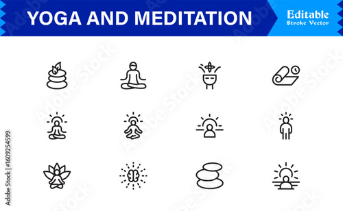 Yoga and Meditation Spiritual Symbols – Professional Modern Line Icon Pack with Unique Vector Style for Calmness, Balance, and Inner Peace Themes