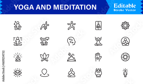 Yoga and Meditation Spiritual Symbols – Professional Modern Line Icon Pack with Unique Vector Style for Calmness, Balance, and Inner Peace Themes