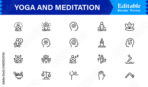 Yoga and Meditation Spiritual Symbols – Professional Modern Line Icon Pack with Unique Vector Style for Calmness, Balance, and Inner Peace Themes