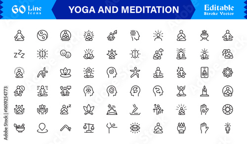 Yoga and Meditation Spiritual Symbols – Professional Modern Line Icon Pack with Unique Vector Style for Calmness, Balance, and Inner Peace Themes