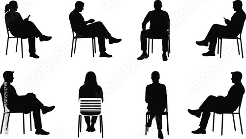 Silhouettes of men and women sitting on chairs, relaxed seated people using smartphones, various poses, side and back views