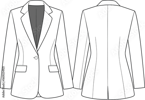 Flat vector illustration of classic women’s tailored blazer jacket with button closure, lapel collar, pockets, front and back view