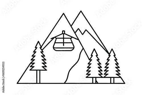 Cartoonish Mountain With A Cable Car And Pine Trees