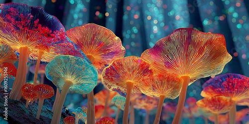 Glowing neon mushrooms with vibrant caps illuminate a fantastical forest, surrounded by sparkling particles