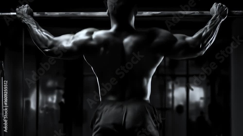 Man performing pull-ups in dark gym