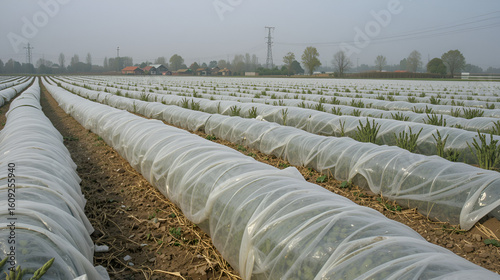 Asparagus fields near Wunstorf Poggenhagen, Hanover district, Lower Saxony, Germany. Rows covered with white plastic film.