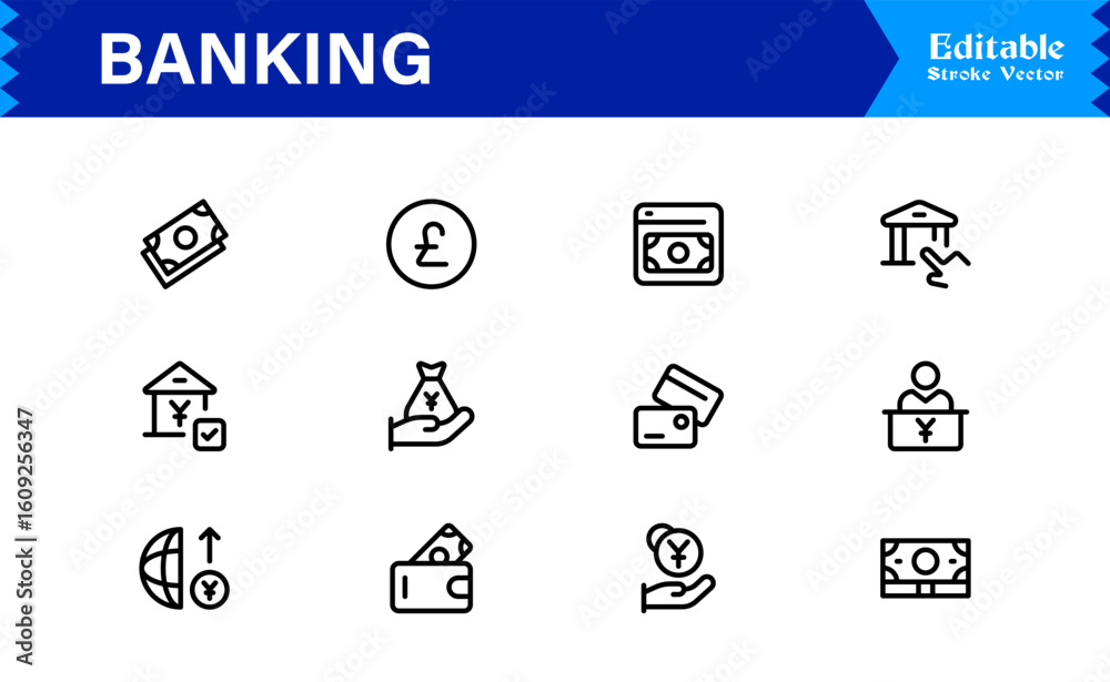 Fototapeta premium Banking Solutions Elevate Digital Brands — Professional Modern Minimal line icon set featuring credit cards, payments, currency, ATMs, investment, security