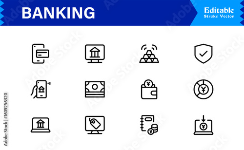Banking Solutions Elevate Digital Brands — Professional Modern Minimal line icon set featuring credit cards, payments, currency, ATMs, investment, security