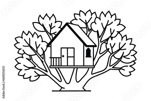 Black And White Drawing Of A Treehouse Nestled In Forest