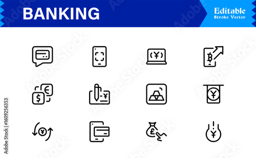 Banking Solutions Elevate Digital Brands — Professional Modern Minimal line icon set featuring credit cards, payments, currency, ATMs, investment, security
