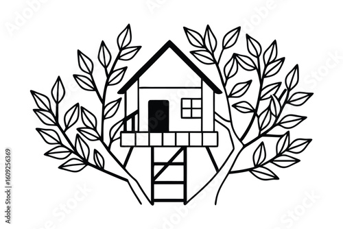 Black And White Drawing Of A Treehouse Nestled In Forest