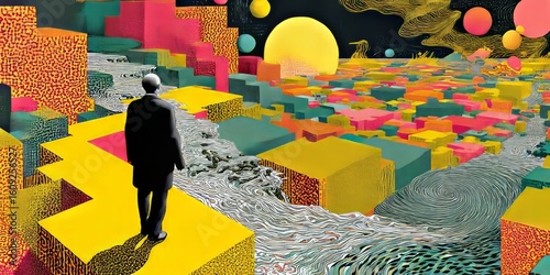 Surreal scene with man in black suit walking on colorful geometric blocks a sun in a dreamlike abstract landscape