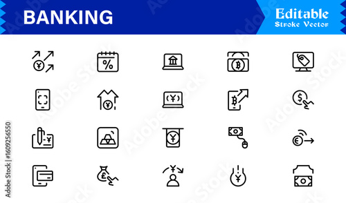 Banking Solutions Elevate Digital Brands — Professional Modern Minimal line icon set featuring credit cards, payments, currency, ATMs, investment, security