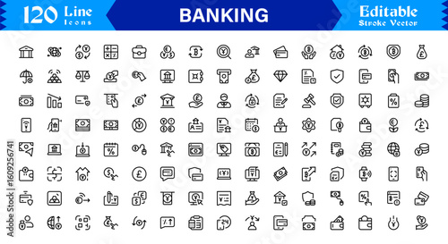 Banking Solutions Elevate Digital Brands — Professional Modern Minimal line icon set featuring credit cards, payments, currency, ATMs, investment, security