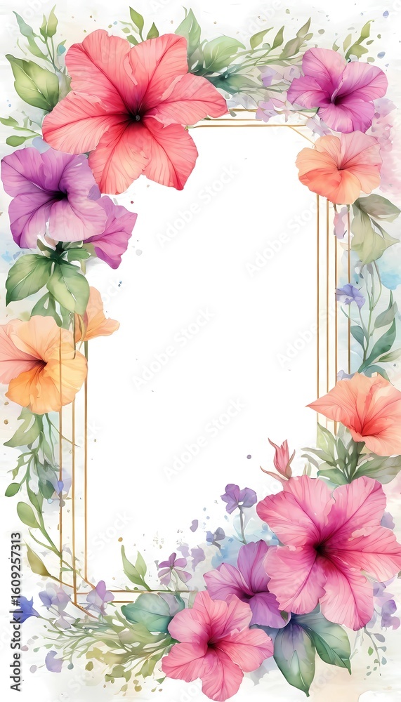 Obraz premium Colorful hibiscus and petunia floral design creates a vibrant blank space perfect for heartfelt messages on cards and posters for any occasion Generative AI