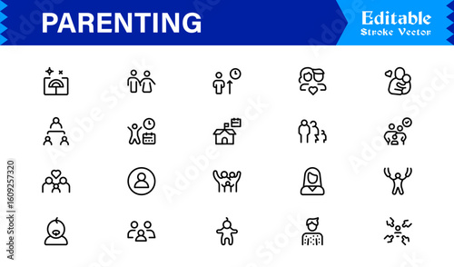 Parenting and Family Care Icons – Modern Line Icon Set Featuring Professional Minimal Illustrations for Childcare, Parenthood, and Family Lifestyle Themes