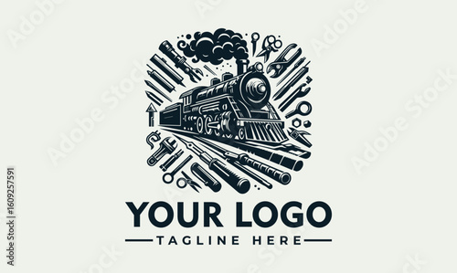 Vintage steam locomotive logo encircled by various tools, symbolizing industrial strength and craftsmanship.