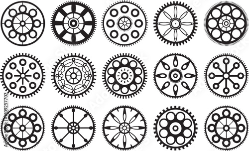 Intricate Black Gear Mandalas – Steampunk Symmetry Vector on White Canvas