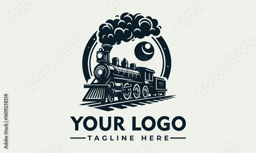 Vintage steam locomotive logo design, dark silhouette against a circular emblem, emitting smoke.