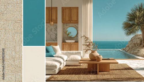 Coastal interior design: serene living room with natural tones, wood, and turquoise accents. Ideal for projects seeking luxury and tranquility by the sea.