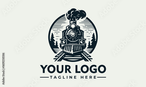A vintage steam train graphic, centered on tracks, with trees and smoke, ready to travel.