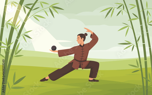 A man practicing Tai Chi with a ball in a serene green bamboo forest landscape