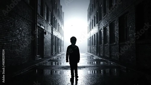 Silhouette of child walking down narrow dark wet alley between brick buildings toward bright light