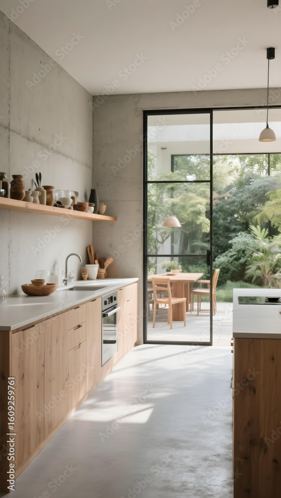 Fototapeta premium Minimalist kitchen with wood cabinets, concrete wall, and natural light. 