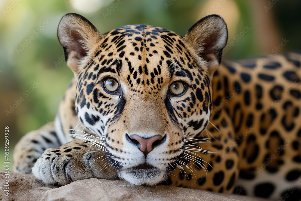 Obraz premium Majestic Jaguar in the Wildlife: Spotted Predator of the Jungle with Captivating Eyes and Fur