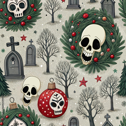 Dark festive illustration with skull decorations, wreaths, ornaments, gravestones, and bare winter trees in a spooky holiday theme.