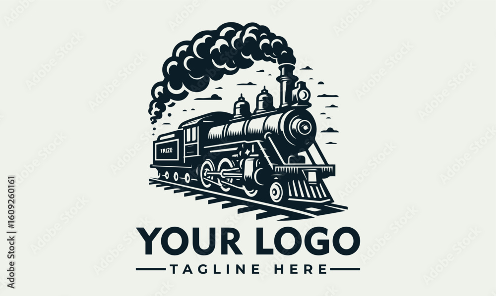 Obraz premium Vintage steam locomotive logo design, emitting smoke, on railroad tracks, with 