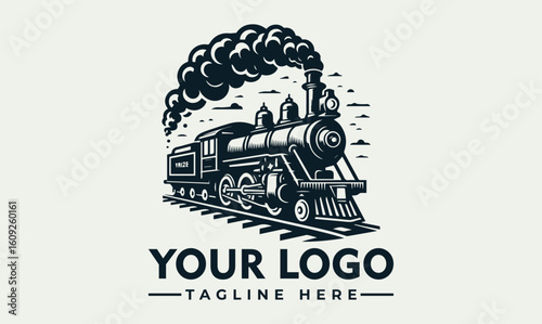 Vintage steam locomotive logo design, emitting smoke, on railroad tracks, with "Your Logo" tagline.