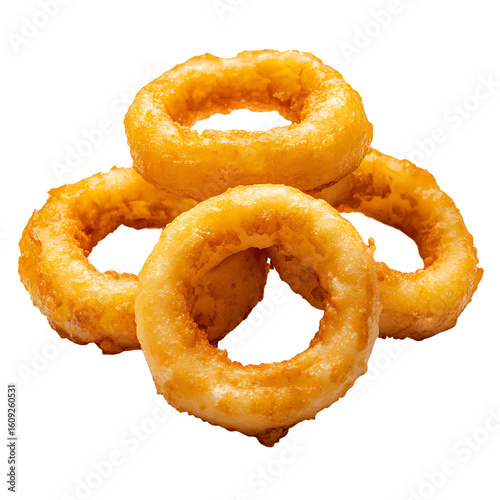 Golden, crispy onion rings stacked together