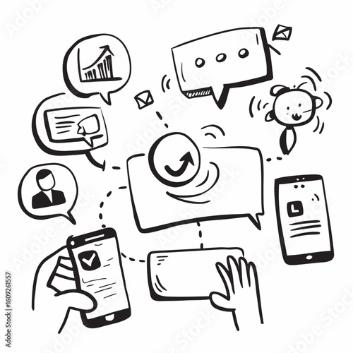 Mobile Messaging Doodle Icons – Chat, Calls, Notifications & Emojis