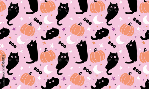 black cat and pumpkin halloween seamless pattern, isolated pink background decoration , textile, fabric, cover, wallpaper, clothing, wrapping paper, creative, vector 