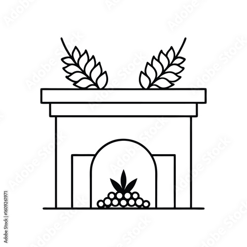 Christmas fireplace mantel decorated with pine garlands and holiday decor line art vector illustration