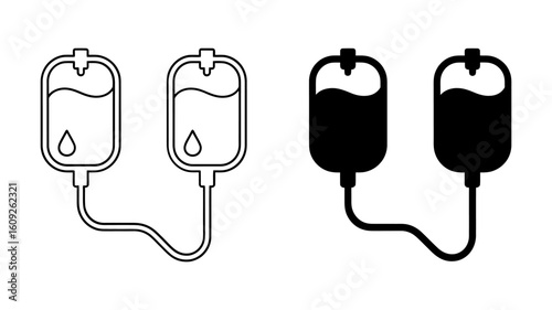 Vector art of a Medical IV Bags: Line Art and Solid Black Icons, Healthcare Illustration, Minimalist Style
