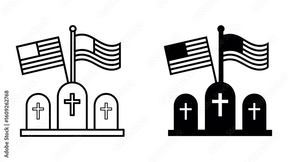 Fototapeta premium American flag, graves, crosses, memorial, solemn, remembrance, vector, icon, line art, black and white, minimalist, patriotic, grief, loss, tribute.