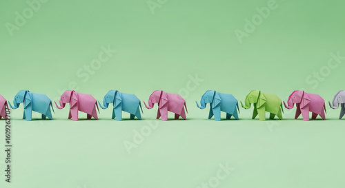 A unique green origami elephant standing out from a row of pink and blue paper animals. A concept of individuality and leadership.