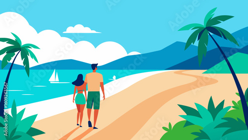 Romantic Couple Walking on Tropical Beach Vector