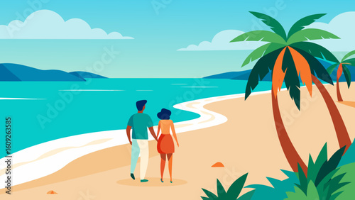 Romantic Couple Walking on Tropical Beach Vector