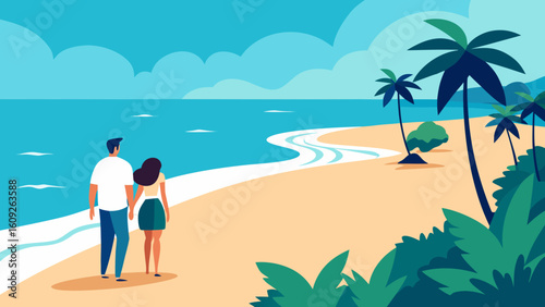 Romantic Couple Walking on Tropical Beach Vector