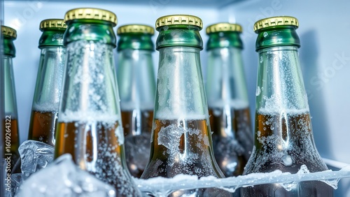 Close-up of cold beer bottles with condensation on the glass. The atmosphere of an evening in a bar, relaxation and coolness. Ideal for menu design and promotional materials.