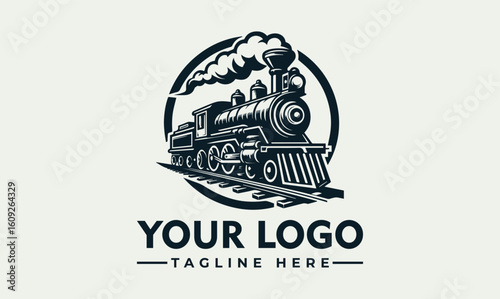 Vintage steam train locomotive with smoke, inside a circle, on tracks.