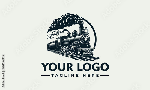 Vintage steam locomotive logo design, encircled, emitting smoke,  "Your Logo" tagline included.
