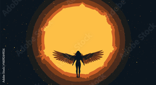 Silhouette of a Winged Figure Emerging into Sunlight, Abstract Digital Art