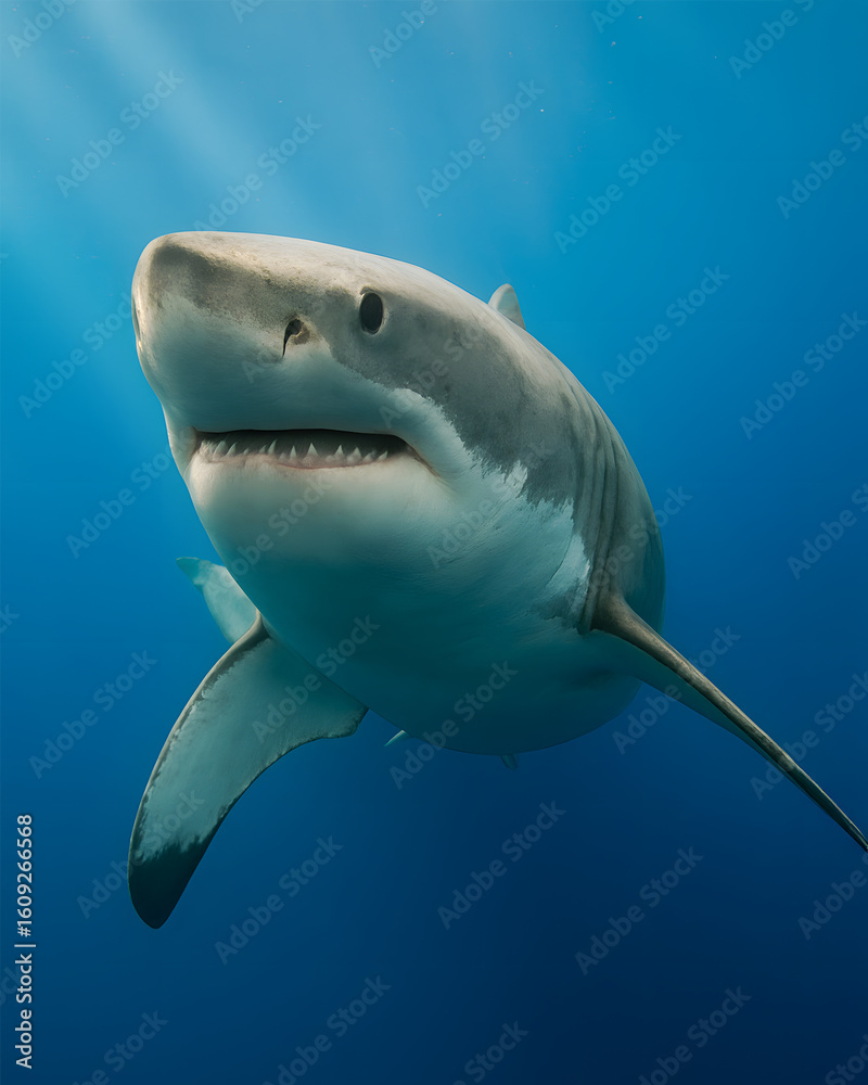 Fototapeta premium Great White Shark Swimming in the Deep Blue Ocean