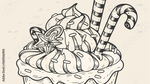 Illustration of a cupcake with frosting, sprinkles, candy cane and a star shaped decoration drawn in black